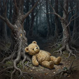 soft oil painting, small teddy bear laying on ground, surrounded by dead trees at night, deep forest, ominous, roots, extremely detailed, intricate, cottagecore, readability, concept art, sharp focus, art by brothers hildebrandt