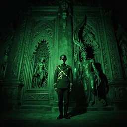 soldier and angle met at night time, filmic, dramatic, night vision, wide angle, vignette, only green color, 4 k, 8 k, sad, devil, cinematic lighting, insanely detailed and intricate, hypermaximalist, elegant, ornate, hyper realistic, super detailed