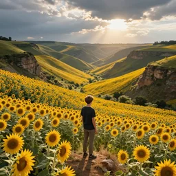 boy standing on a hill looking down into the valley of sunflower fields, hills, cliffs, yellow sunflowers by beeple