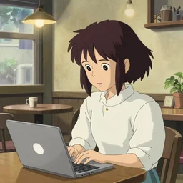 girl at a coffee shop using a laptop, art by hayao miyazaki