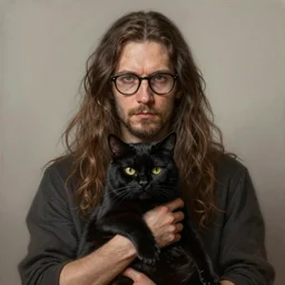 a german guy with very long brownish! hair, with glasses and very - short beard holding a black fat cat! digital painting by filipe pagliuso and justin gerard symmetric fantasy highly detailed realistic intricate port