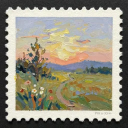 melted, romantic painting of a landscape, thick impasto, on a poststamp