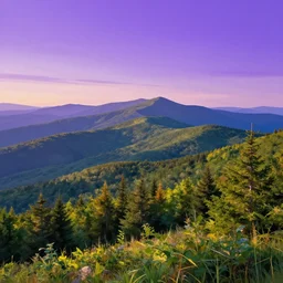 a modern digital painting of the appalachian mountains panoramic, bright, summer, wide - angle purple hues sunset