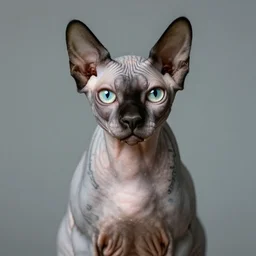 portrait of a hairless cat with tattoos on the cat's body