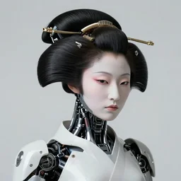 fine art portrait head shot minimal geisha cyborg mech by ilm and bill sienkiewicz and emmanuel shiu, zaha hadid, mgxs, neo - futuristic tactical, posed, studio, mamiya 6 5 mm, iso 4 0 0, f / 5. 6, hyperrealism, studio lighting, studio, high detail, sharp focus, trending artstation, cgsociety