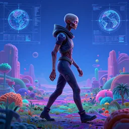 portrait of gamma world mutant walking through a psychedelic landscape, in the style of Rob Lefield , trending on artstation, light lighting side view,digital art,surrealism ,macro,blueprint ,vaporwave ,