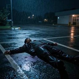 laying in a parking lot on a dark night, rain drizzling with blaring yet dim lights, realistic 4k octane beautifully detailed render, 4k post-processing, highly detailed, intricate complexity, epic composition, magical atmosphere, cinematic lighting, masterpiece, ultra hd