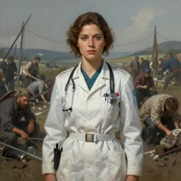 a portrait of a woman medic during a battlefield, highly detailed, centered, digital painting, artstation, concept art, donato giancola, Joseph Christian Leyendecker, WLOP, Boris Vallejo, Breathtaking