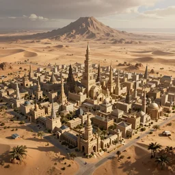 large densely packed western style city in the middle of a sandy flat desert with a single mountain on the very distant horizon. magic the gathering art, digital media