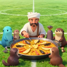 “ a cyberpunk peasant eating valencian paella surrounded by adorable aliens and creepy otters on a football pitch ”