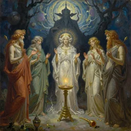 beautiful matte painting, scions of hyperborea, the elders of thule, ominous sky, eldritch ceremony, oil on canvas, by alphonse mucha and greg rutkowski, hdr, octane render, unreal engine