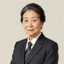 portrait of an elderly Japanese woman dressed on a suit and tie, her hair in a tight bun, a serious expression on her face, digital art, elegant pose, detailed illustration