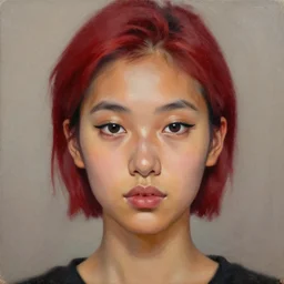 portrait of a short red dyed hair girl with light brown skin, black eyes, eyeliner, trending on artlist, oil painting
