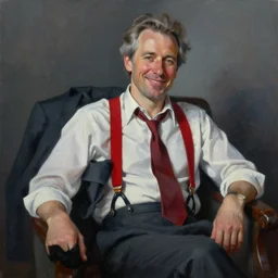 palette knife oil painting portrait of lars erickson, a greying man who is relaxed and reliant. his suit jacket is laid casually over the back of his seat, he wears red suspenders, a loose tie, and folded up sleeves. dashing smile., extreme detail, artstation trending, noir, artgerm, any racial background, deviant art, octane, substance, art history 8 k
