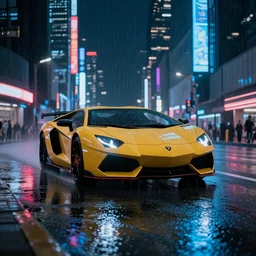 neon city Lamborghini wet rainy road