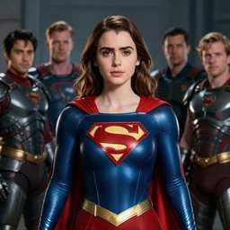 a potrait of Lily Collins as Supergirl with man of steel suit style and full armour by Greg Rutkowski, Sung Choi, Mitchell Mohrhauser, Maciej Kuciara, Johnson Ting, Maxim Verehin, Peter Konig, 8k photorealistic, cinematic lighting, HD, high details, dramatic, trending on artstation, half body shot