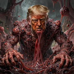 donald trump's disgusting true form bursting from within, gross, slimy, sleazy, pustules, high details, intricate details, by robert crumb