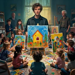 crazy dumbest kids in kindergarten among big painting and ai artist in center, cinematic moody colors, realistic shaded lighting poster by ilya kuvshinov, magali villeneuve, artgerm, jeremy lipkin and michael garmash and rob rey