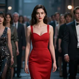 the matrix red dress woman scene, crowd is holographic, photo realistic, ultra high quality, octane render.