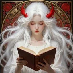 perfectly - centered - portrait of a girl reading a book, white long hair with red motives, intricate, highly detailed, digital painting, artstation, concept art, smooth, sharp focus, illustration, unreal engine 5, 8 k, art by artgerm and greg rutkowski and alphonse mucha