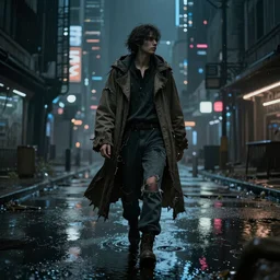 android dressed in a torn cloak roams the flooded streets of an abandoned cyberpunk city at night, highly detailed