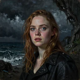 Elle Fanning in a cave in the world of Adam Wyeth, head and shoulders portrait, stormy weather, extremely detailed masterpiece, oil on canvas, low-key neon lighting, artstation, Blade Runner 2049, Roger Deakin’s cinematography, by J. C. Leyendecker and Peter Paul Rubens and Edward Hopper and Michael Sowa,