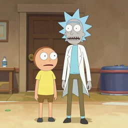 Rick and Morty in a pixar film, 3d, movie shot from pixar