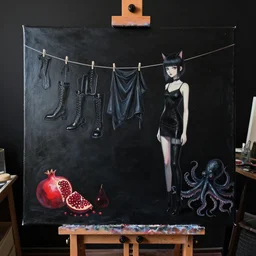painting of a black painted canvas, on an easel in a dark artist's studio with black walls, tall emo artist catgirl, black clothes hanging on a line to dry, 6 black boots, pomegranate, a black pig, red gourd, black octopus, sensual, acrylic and oilstick on canvas