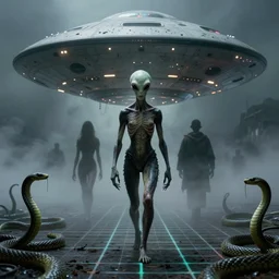 grainy 1 8 0 0 photo of aliens walking out a ufo, heavy fog, vfx, dimensional grid, art by greg rutkowski and chet zar, sharp focus, dark fantasy, occult, horror movie poster, hyper realist face, photo realistic, satanic, ground made of ayahuasca snakes, award - winning, masterpiece museum worthy, tool music video, post - processing 8 k