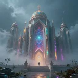 long Shot of psychedelic misty chromatic astral temple  , stylish, lsd, soft,  trending on artstation, cinematic, artwork by WLOP