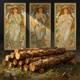 dam made of logs, long shot, concept art, matte, sharp focus, illustration, art by artgerm and greg rutkowski and alphonse mucha