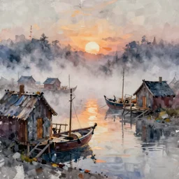 paint brush strokes, abstract watercolor painting of rustic fishing village at foggy dawn, viking age, ambient lighting, art by hans dahl, by jesper ejsing, art by anders zorn, wonderful masterpiece by greg rutkowski, cinematic light, american romanticism by greg manchess, creation by tyler edlin