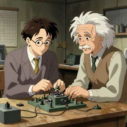 inside the workshop with alan turing cracking the enigma with the help of albert einstein, anime!!!, artstation