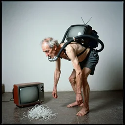 A skinny old Man with a old television strapped to his back ,flexible industrial pipes join his ears and mouth to the television, fibres trial on the floor ,Kodak portra 400