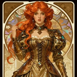 illustrated portrait of beautiful woman, red hair, steampunk dress, sharp focus, high detailed, concept art, caustics, alphonse mucha, artstation