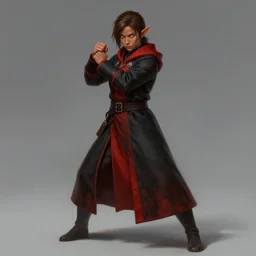beautiful teenager female half elf monk, full body black and red longcoat, fist training, detailed face, brown hair, short ponytail, golden eyes, brown skin, high fantasy, dnd, extremely detailed, matte painting, by michael komarck, mtg art