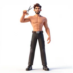 heroic barber with scissors, detailed 3d character render, full body, standing, isolated on a pure white background, centered, whole figure in frame, sharp focus, studio lighting