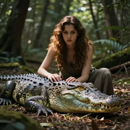 werecreature consisting of a human and crocodile, photograph captured in a forest
