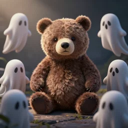 a frightened plushie bear, surrounded by cute ghosts
