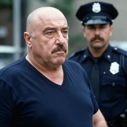 a 1987 photo of a fat and bald Robert deniro with a mustache as a policeman, detailed