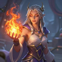Hearthstone official professional art. Closed eyes. A sorceress, wearing a robe casting a fire ball. Insanely logical & professional physical body parts (face, arms, legs, hair, insanely inflated hips, incredibly tiny waist). Full body realistic, sharp focus, 8k high definition, insanely detailed, intricate, elegant, smooth, sharp focus, illustration, ArtStation