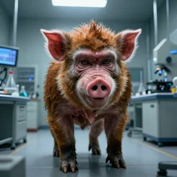 terrifying monkey pig hybrid in a scientific facility