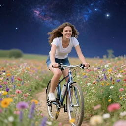 happy beautiful female image cycling through interstellar flowers field