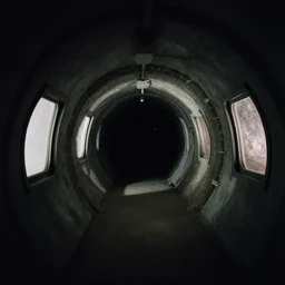 grainy documentary film shot of an underground tunnel with windows showing outer space, stars seen through windows