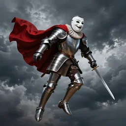 man wearing theater comedy mask flies through stormy clouds , he is wearing plate armor and elizabethan boots and ruff, he is wearing a red billowing capelet draped over his shoulder, he has armored gloves and armored boots, he carries a shortsword in his left hand, dramatic theater lighting