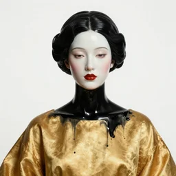 close up surrealist, psychedelic fashion portrait of porcelain woman in solid gold cloth, covered in black oil liquid, on a white background by tim winton and wes anderson