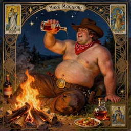 a dramatic, epic, ethereal painting of a (handsome) thicc chunky beefy mischievous shirtless !!cowboy!! with a beer belly wearing a large belt and bandana offering a whiskey bottle | he is relaxing by a campfire | background is a late night with food and jugs of whisky | homoerotic | stars, tarot card, art deco, art nouveau, intricate | by Mark Maggiori (((and Alphonse Mucha))) | trending on artstation