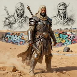 dune themed epic bloodbound fremen warrior, desert breathing armor, graffiti, street art sketch by sachin teng, moebius, artgerm, michael cheval, esao andrews, francois boucher, masterpiece, intricate organic painting, matte painting, hard edges, highly detailed, cinematic lighting character art movie poster by drew struzan