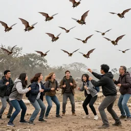 tourists being attacked by a swarm of bats