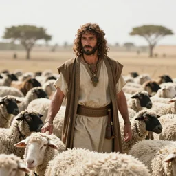 cinematic Still of 30 year old Mediterranean skinned man in ancient Canaanite shepherd clothing, shepherding a flock of sheep, in a Biblical epic